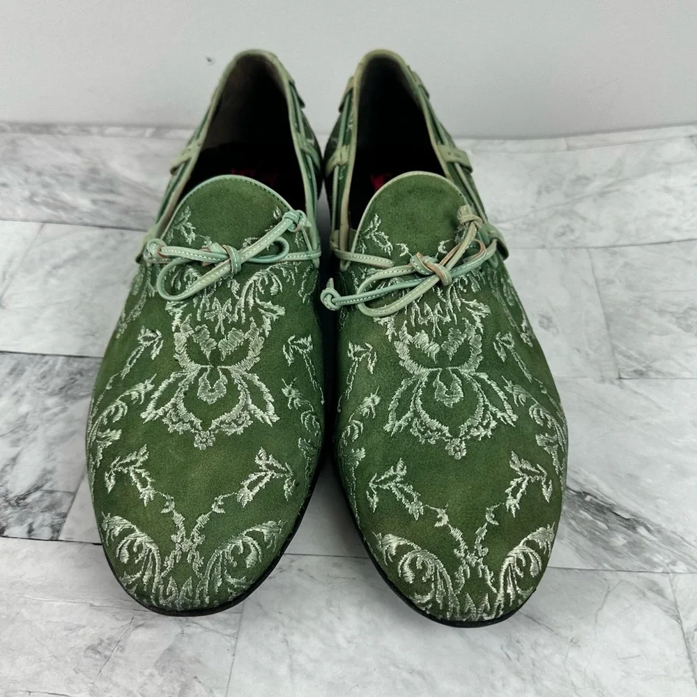 Jo Ghost Green Suede Embroidered Loafers Italy Slip On Sz 42 US 9 - Picture 7 of 14